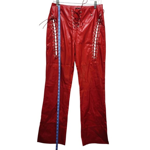 Red Lace-Up Womens Faux Leather Pants With Grommet Details & Flared Legs Size L - Picture 6 of 9